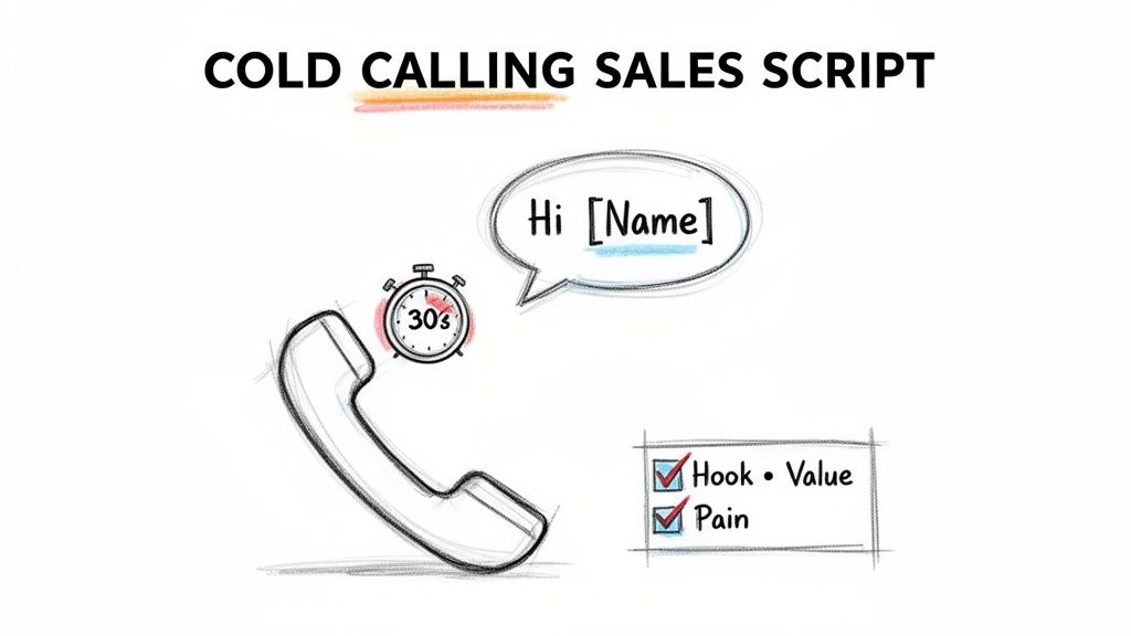 Illustration of a cold calling sales script with a phone, 30-second timer, and checklist for hook, value, and pain.
