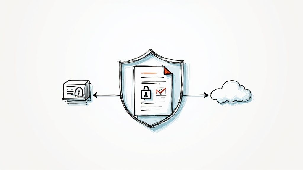 A hand-drawn diagram illustrating document security, with a shield protecting an encrypted file flowing to a cloud.