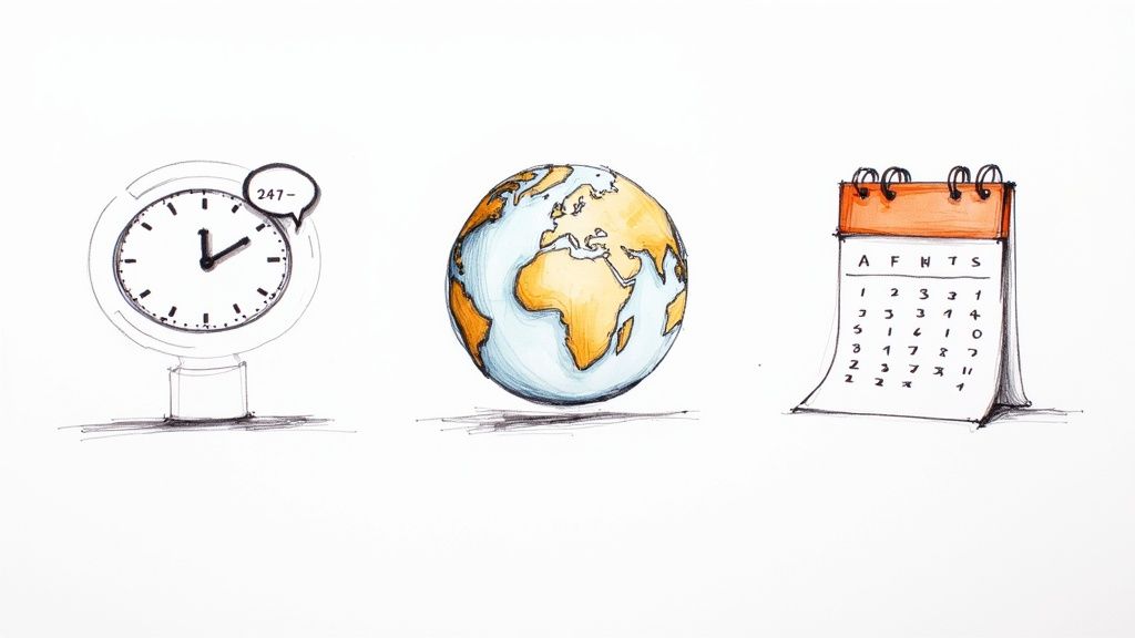 A growth chart with icons representing call handling service features like a clock for 24/7 support and a calendar for scheduling.