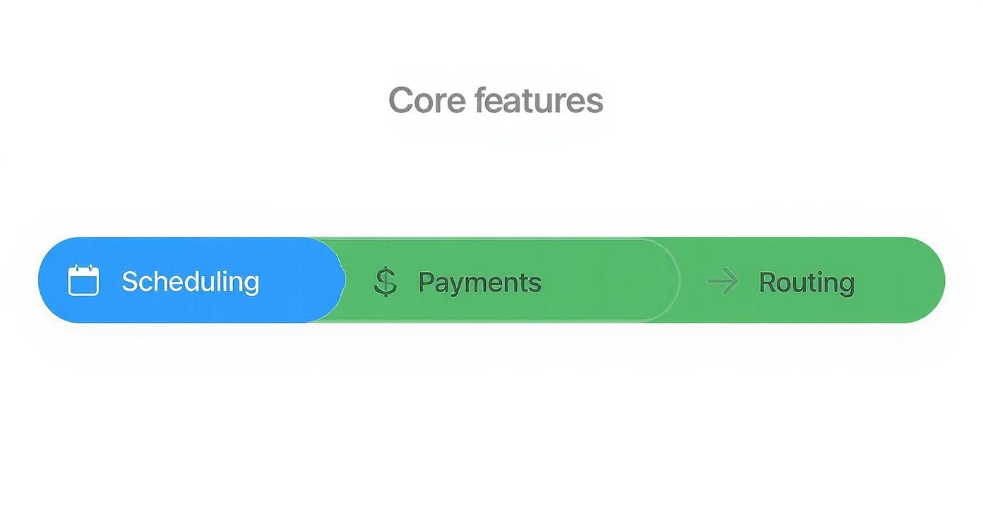 User interface displaying core features: Scheduling, Payments, and Routing, with 'Scheduling' highlighted.