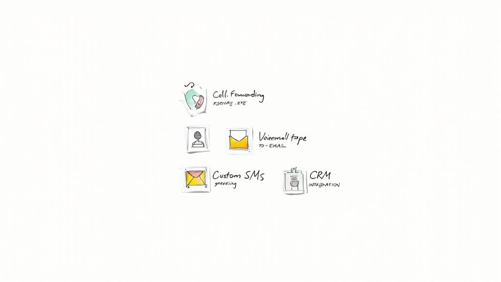 Hand-drawn icons depicting virtual office phone features: call forwarding, voicemail to email, custom SMS, and CRM integration.