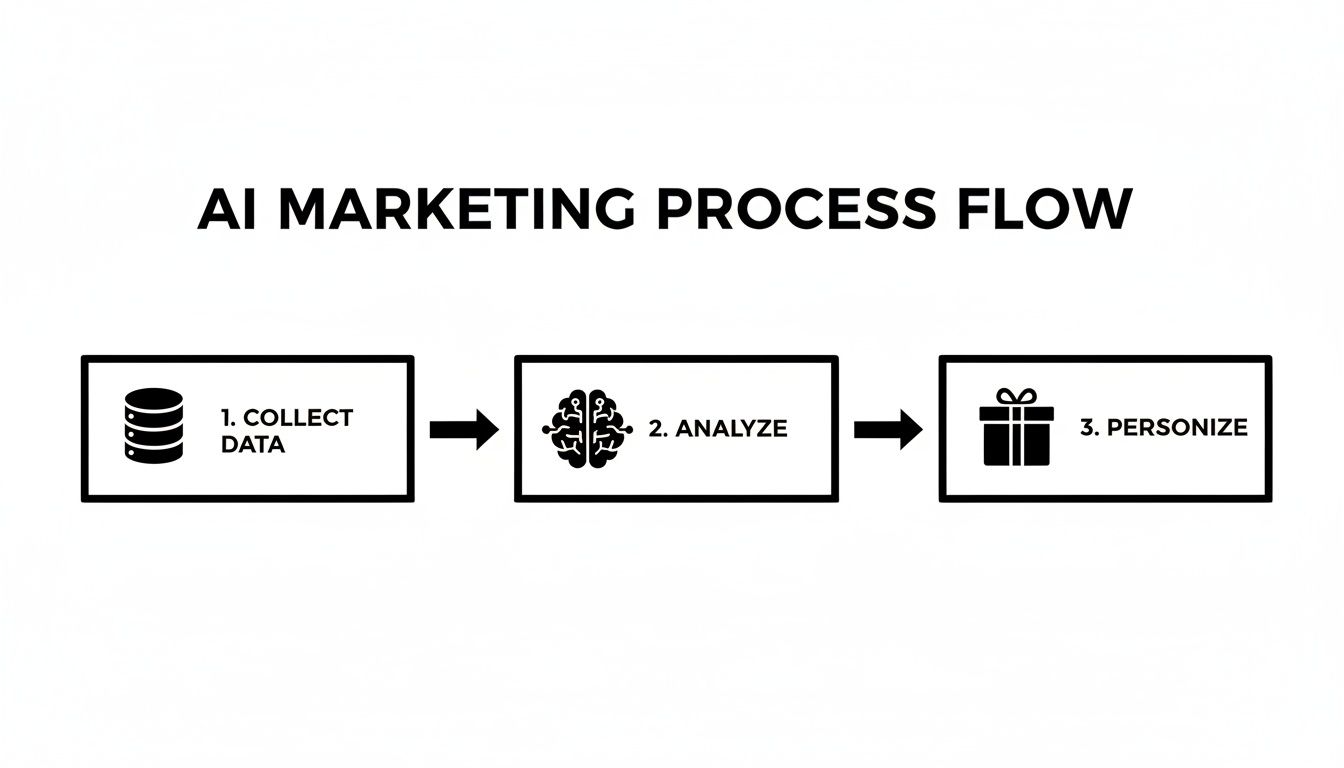 An AI marketing process flow diagram showing steps: collect data, analyze, and personalize.