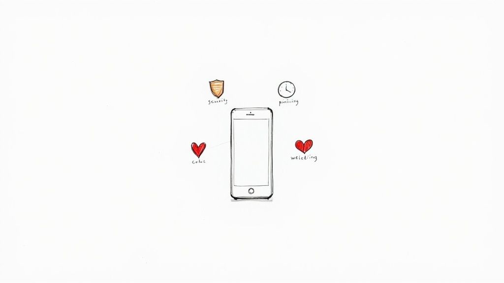 A hand-drawn smartphone surrounded by icons representing security, planning, color, and welcoming principles.