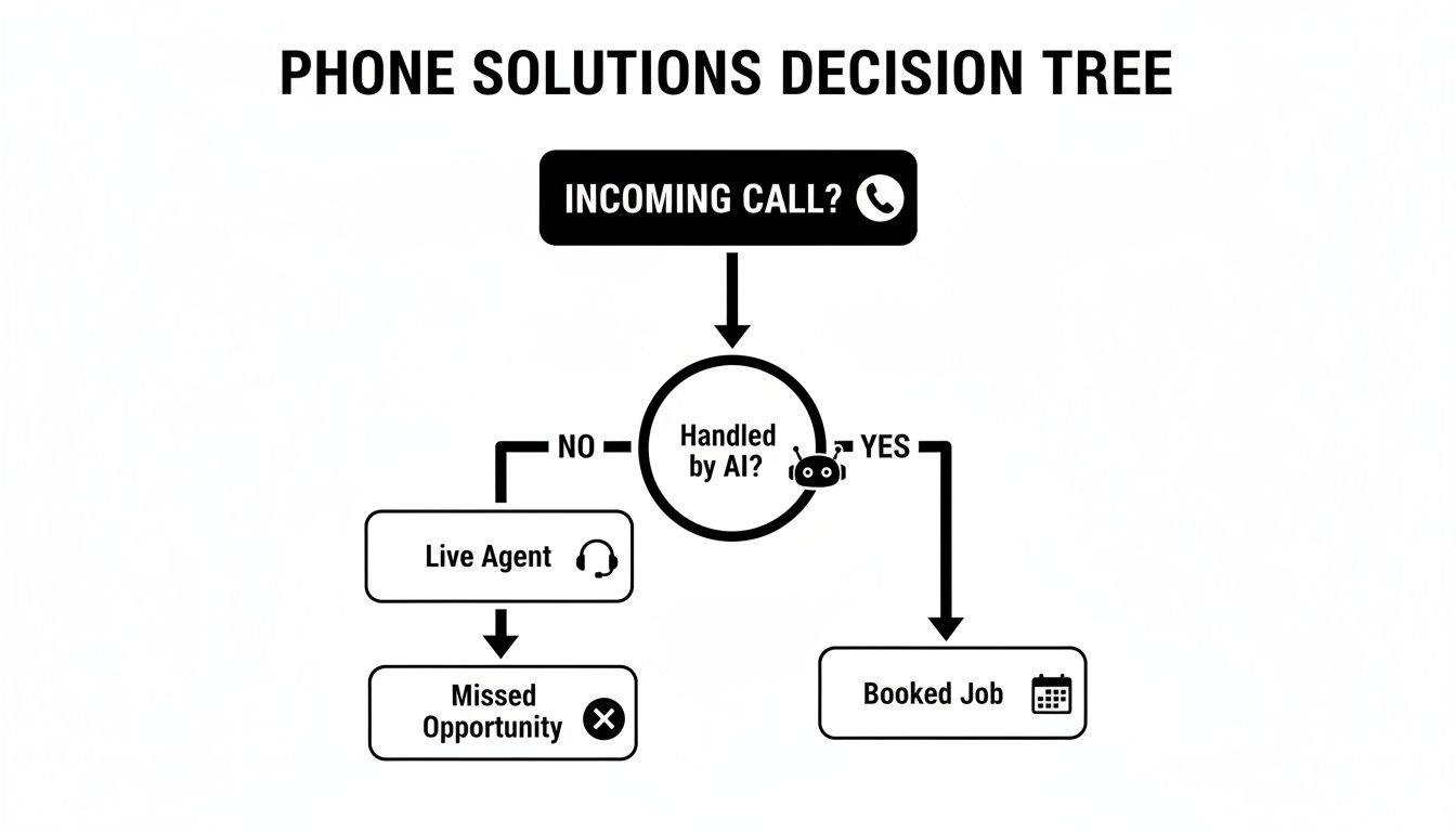 A phone solutions decision tree flowchart illustrating call handling: AI leads to booked jobs, live agents to missed opportunities.