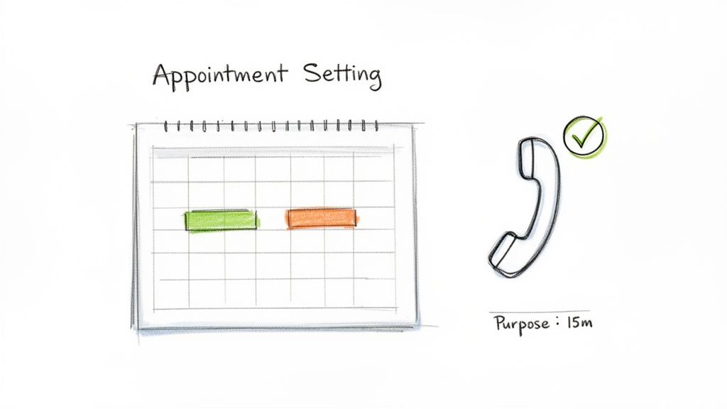 Hand-drawn image showing appointment setting with a calendar, scheduled slots, and a phone call lasting 15 minutes.