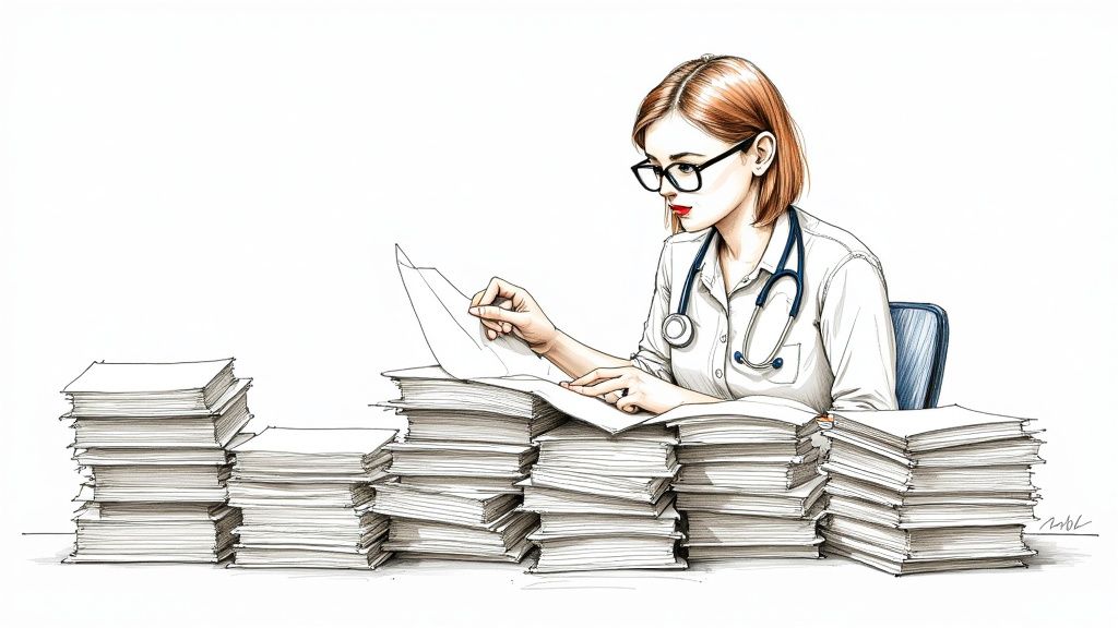 A medical professional using a tablet to manage patient appointments in a modern clinic setting.