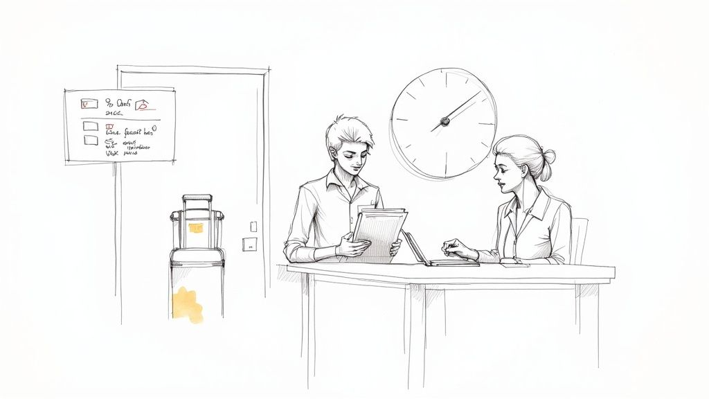 A busy hotel front desk with staff members efficiently assisting multiple guests with check-in and inquiries.