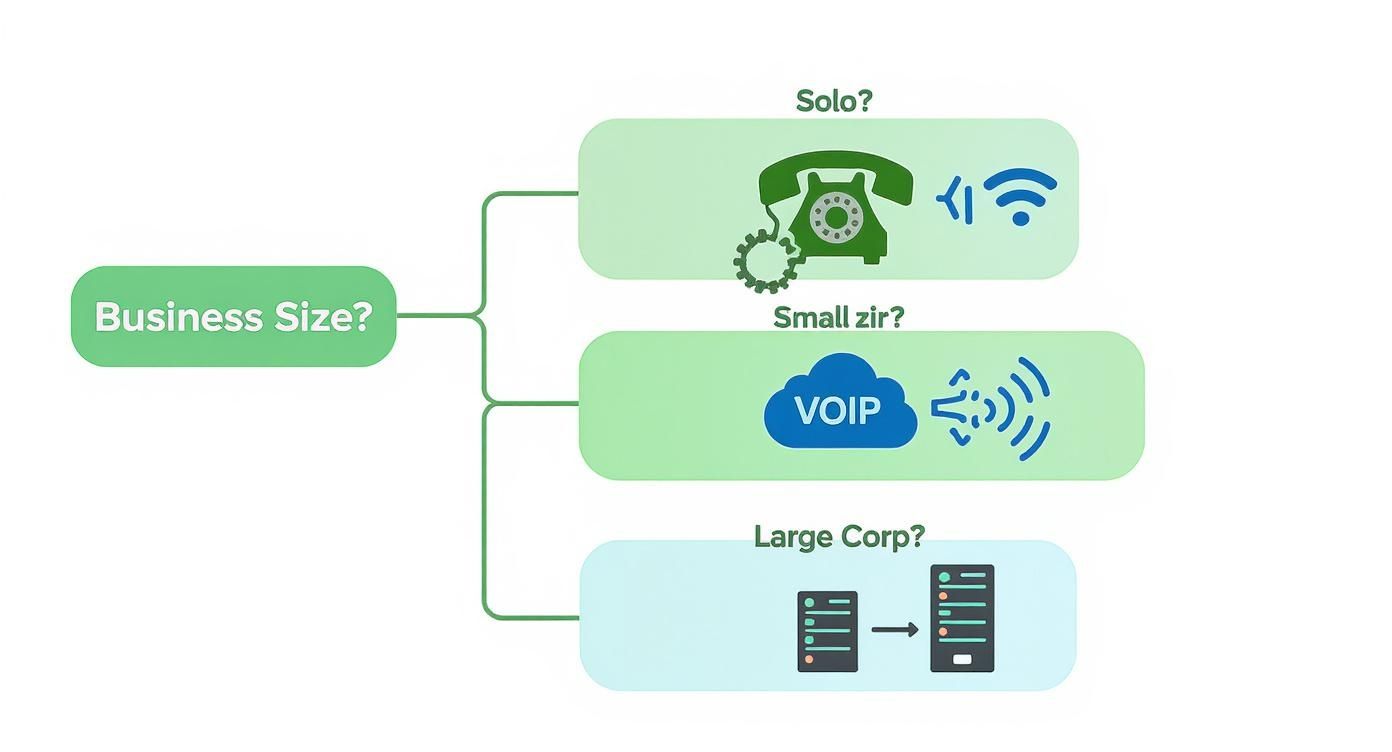 A flowchart showing different phone line solutions based on business size: solo, small, or large corporation.