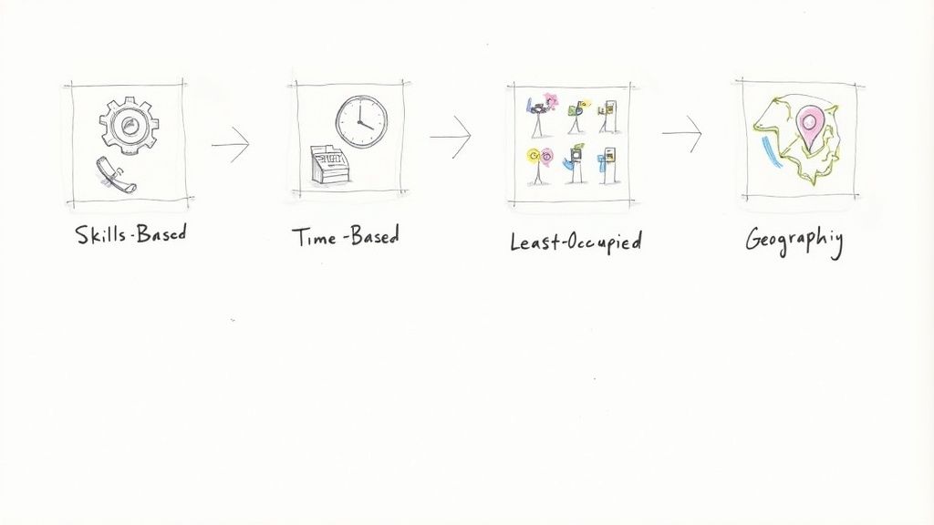 Group of diverse customer service agents working at their desks with headsets on.