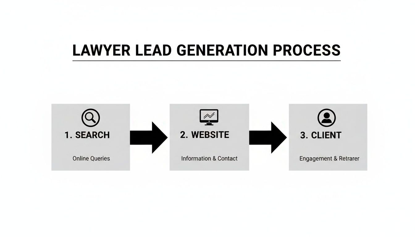 Diagram illustrating the lawyer lead generation process from online search queries to website engagement and client acquisition.