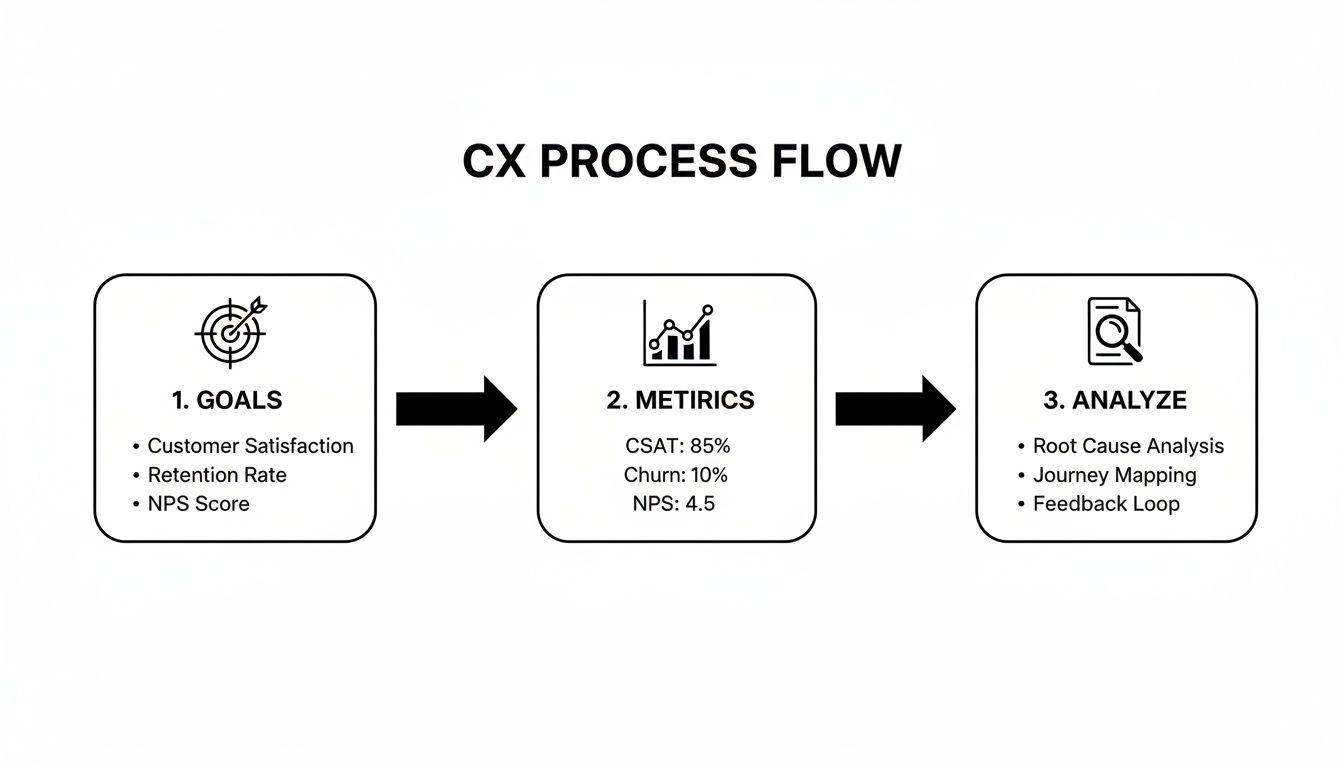 A CX process flow diagram detailing goals like satisfaction, metrics including CSAT and churn, and analysis steps.
