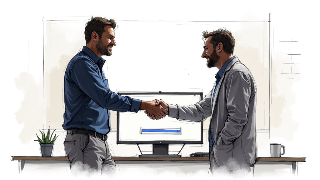 Two healthcare professionals collaborating on a tablet in a modern office.