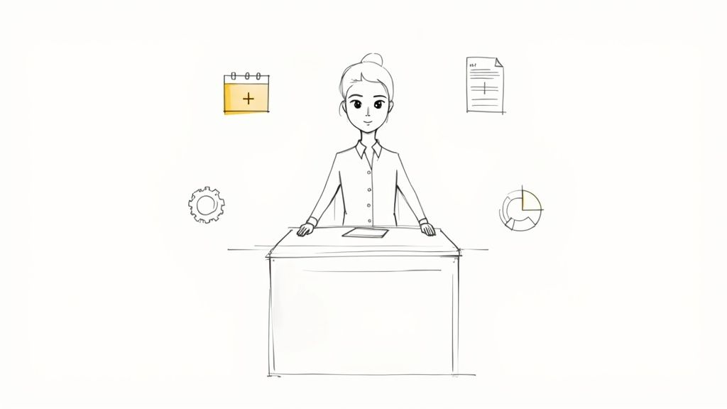 A receptionist smiling while working at a front desk in an office.