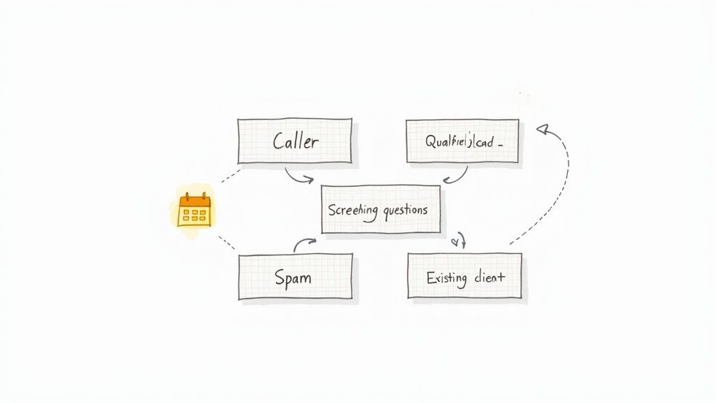 A flowchart illustrates the process of screening phone calls into qualified leads, spam, or existing clients.