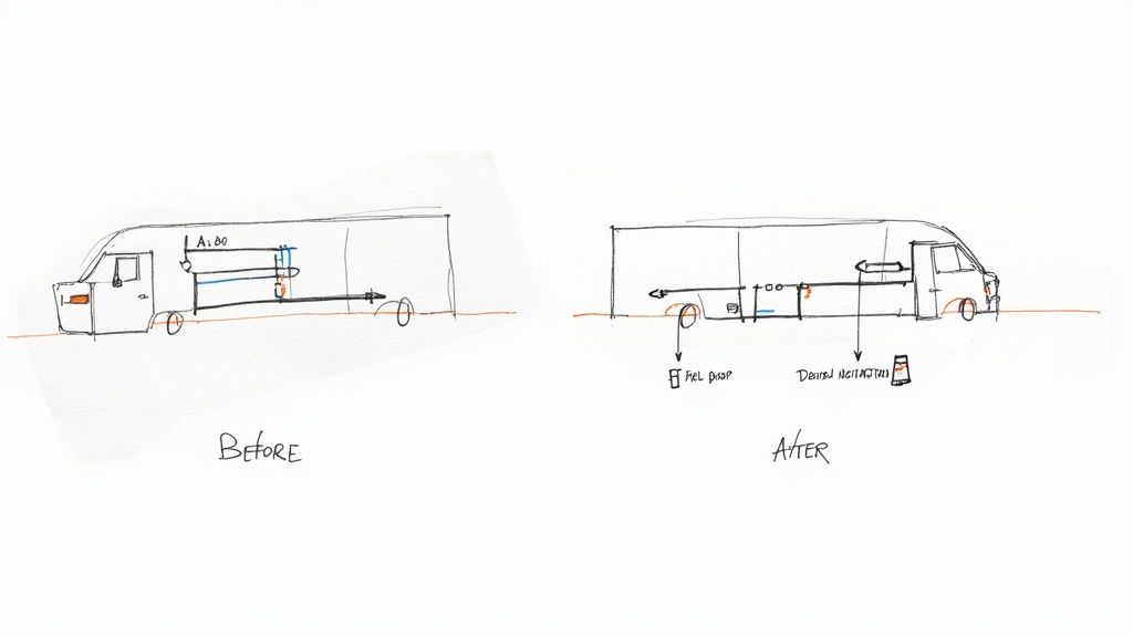 An 'after' scene showing a happy technician using a tablet with a smiling customer in the background.