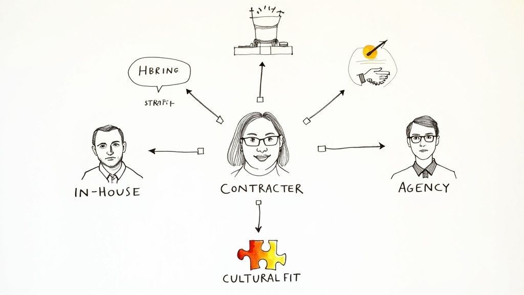 Diagram illustrating options for talent acquisition: in-house, agency, and contractor, emphasizing cultural fit.