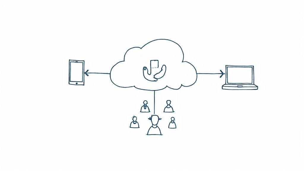 A diagram illustrates a cloud platform connecting mobile phones, laptops, and multiple users for shared access.