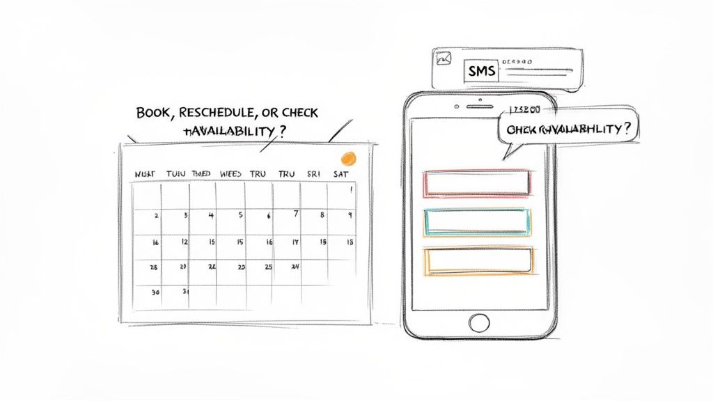 Hand-drawn sketch of a calendar and a smartphone for booking or checking availability.