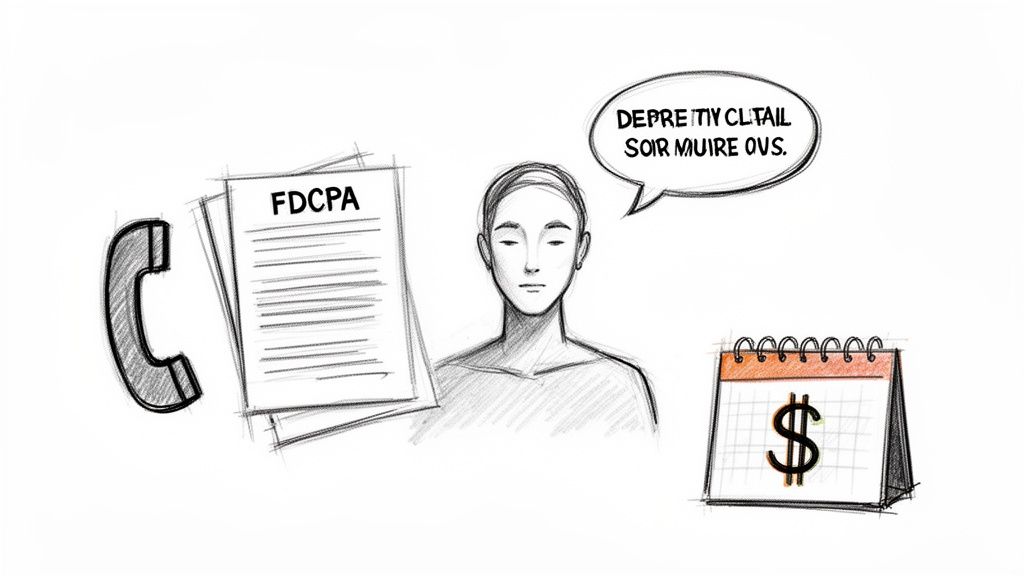 Hand-drawn illustration showing a phone, FDCPA documents, a person, and a calendar with a dollar sign.