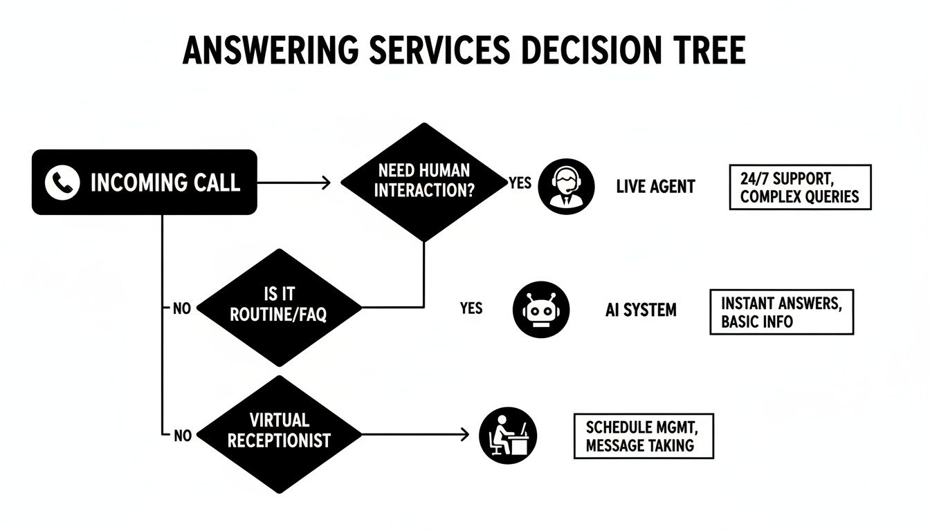 A decision tree illustrating how incoming calls are routed to live agents, AI systems, or virtual receptionists.