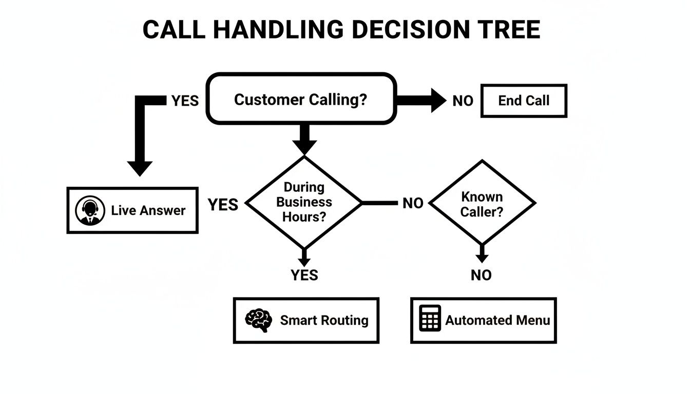 Flowchart detailing a call handling decision tree for customer service, including options like live answer, smart routing, and automated menus.