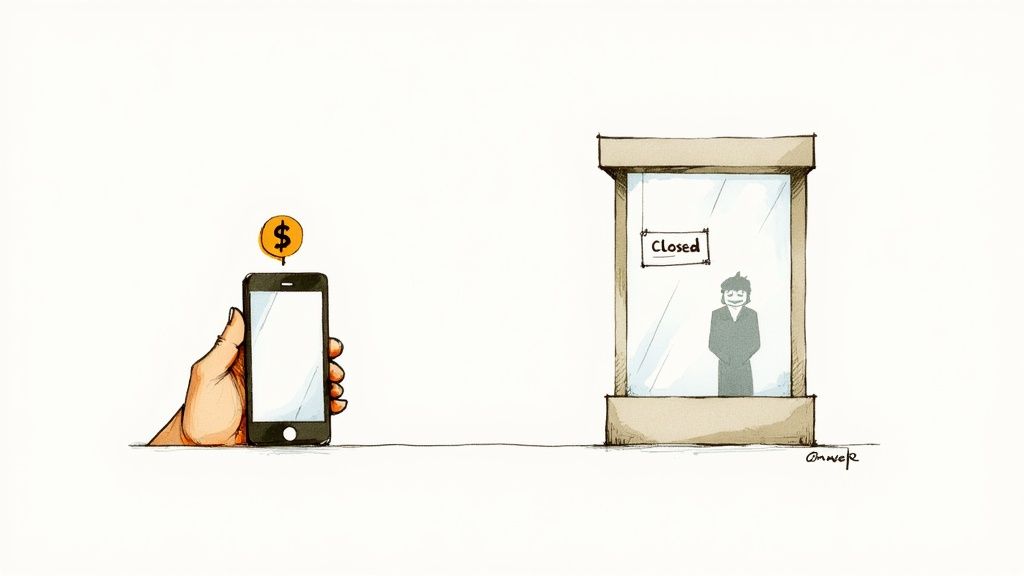 A small business owner looking stressed while a phone rings unanswered on their desk.