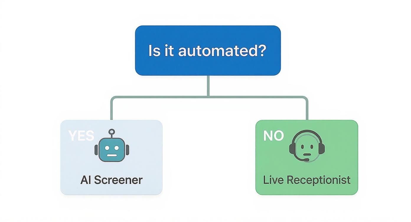 A decision tree illustrating call screening options: AI screener for automation, live receptionist for manual handling.