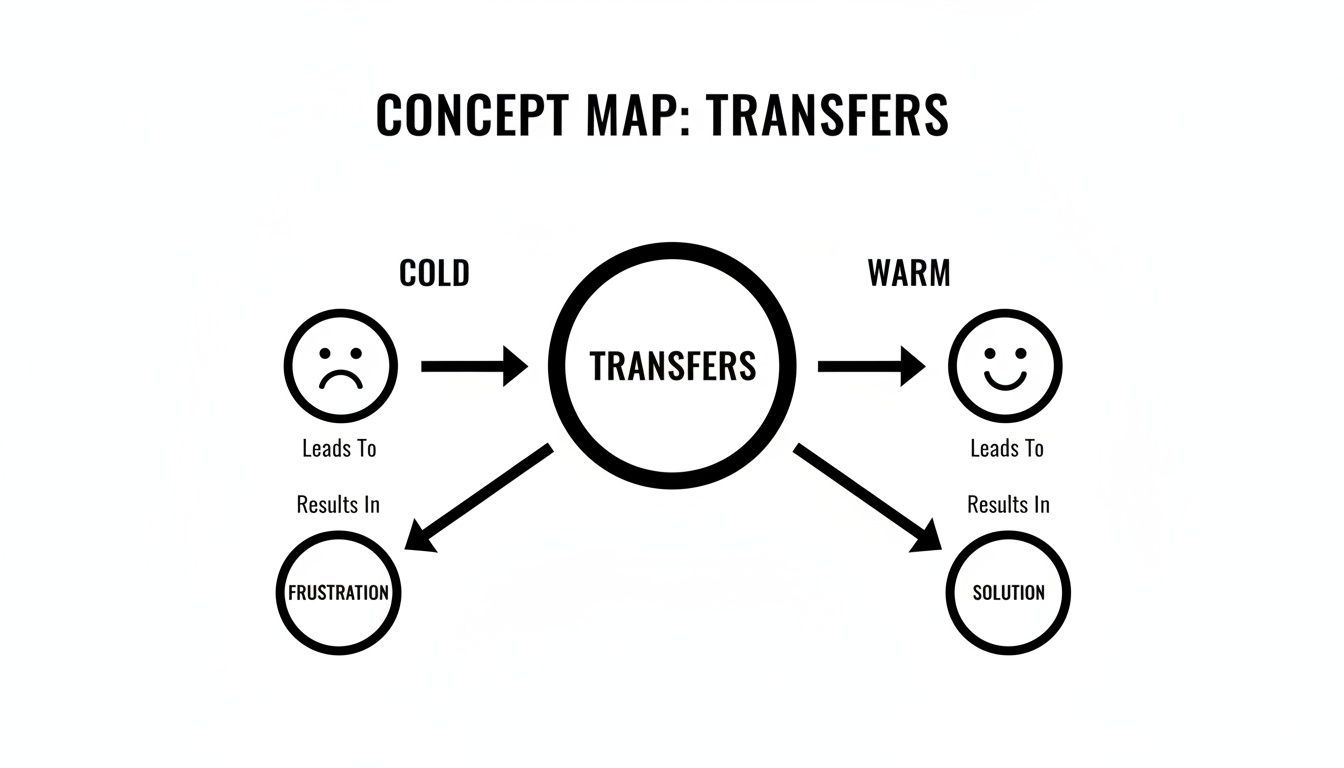 Concept map illustrating how cold transfers lead to frustration, while warm transfers result in solutions.