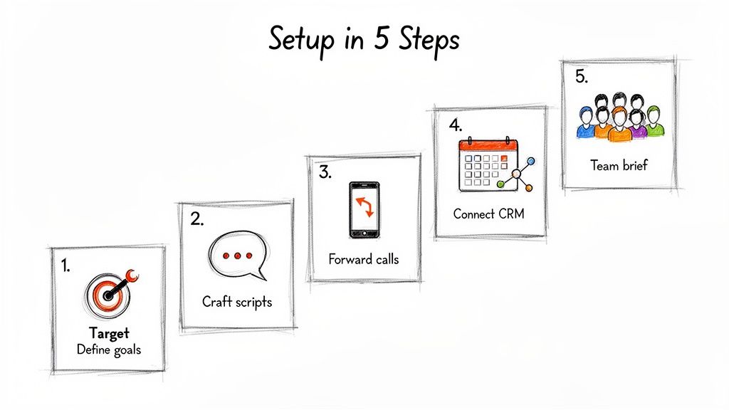 A five-step setup process includes defining goals, crafting scripts, forwarding calls, connecting CRM, and team briefing.