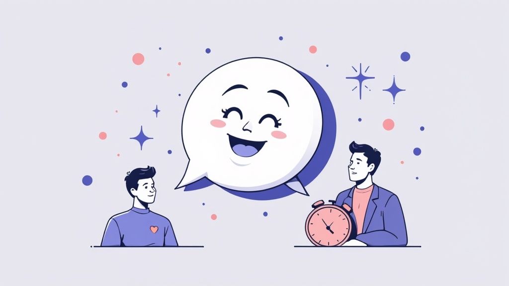 An illustration of a customer happily interacting with an automated system, with icons representing 24/7 support and satisfaction.