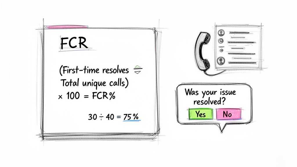 An illustration explaining First Call Resolution (FCR) with formula, example calculation, and customer survey.