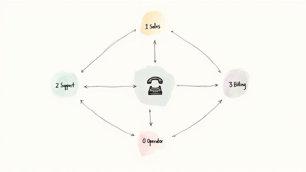 A diagram illustrating a phone call routing system, connecting a central phone to Sales, Support, Billing, and Operator departments.