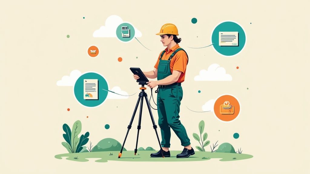 A field technician using a mobile device to manage work orders and access information