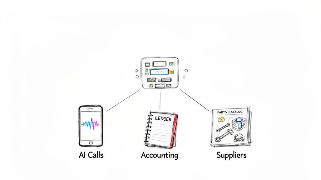 A diagram shows a central business management system connecting to AI calls, accounting, and suppliers.