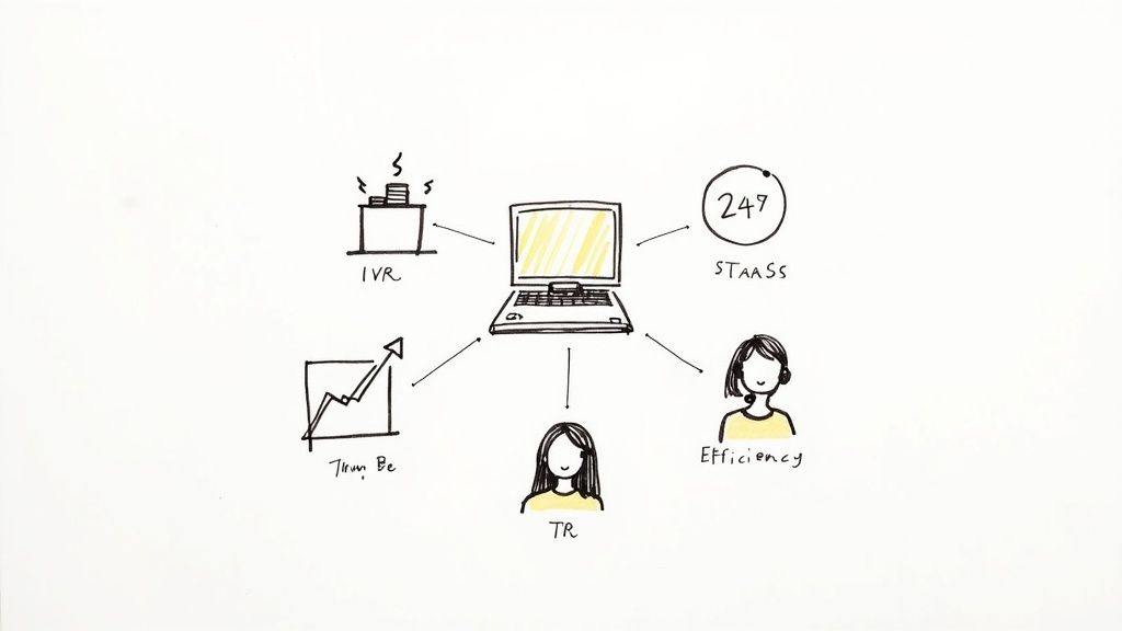 Laptop displaying IVR system benefits including 24/7 service, efficiency improvements, and increased business growth