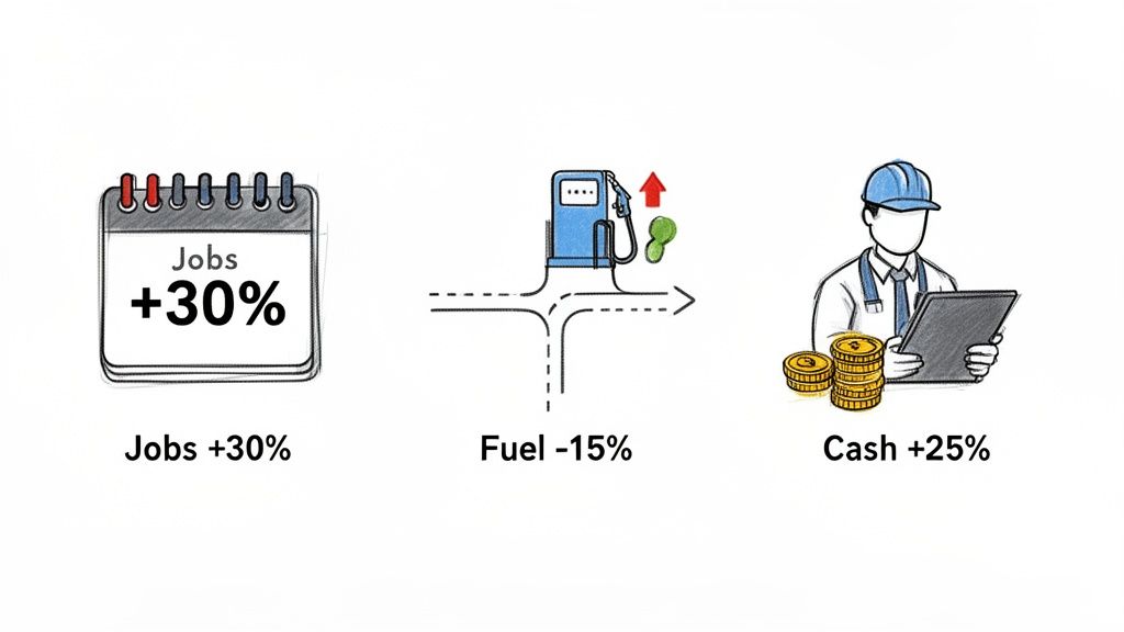 A graphic showing positive growth in jobs and cash, and a decrease in fuel costs.