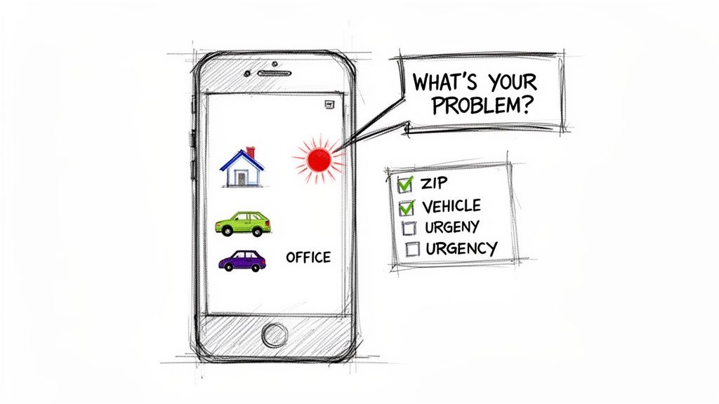 Smartphone app sketch showing icons for home, vehicles, and a problem checklist for ZIP and urgency.