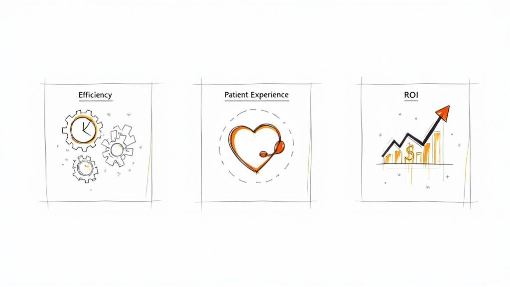 A medical professional smiling while looking at a tablet, representing efficiency and satisfaction.