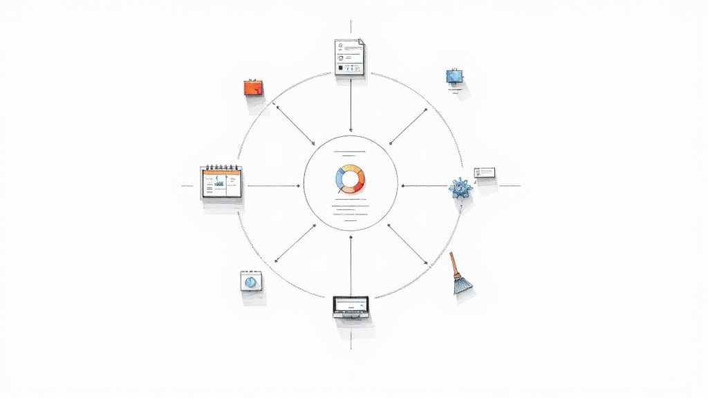 A diagram illustrating data integration with diverse business icons and arrows pointing to a central pie chart.