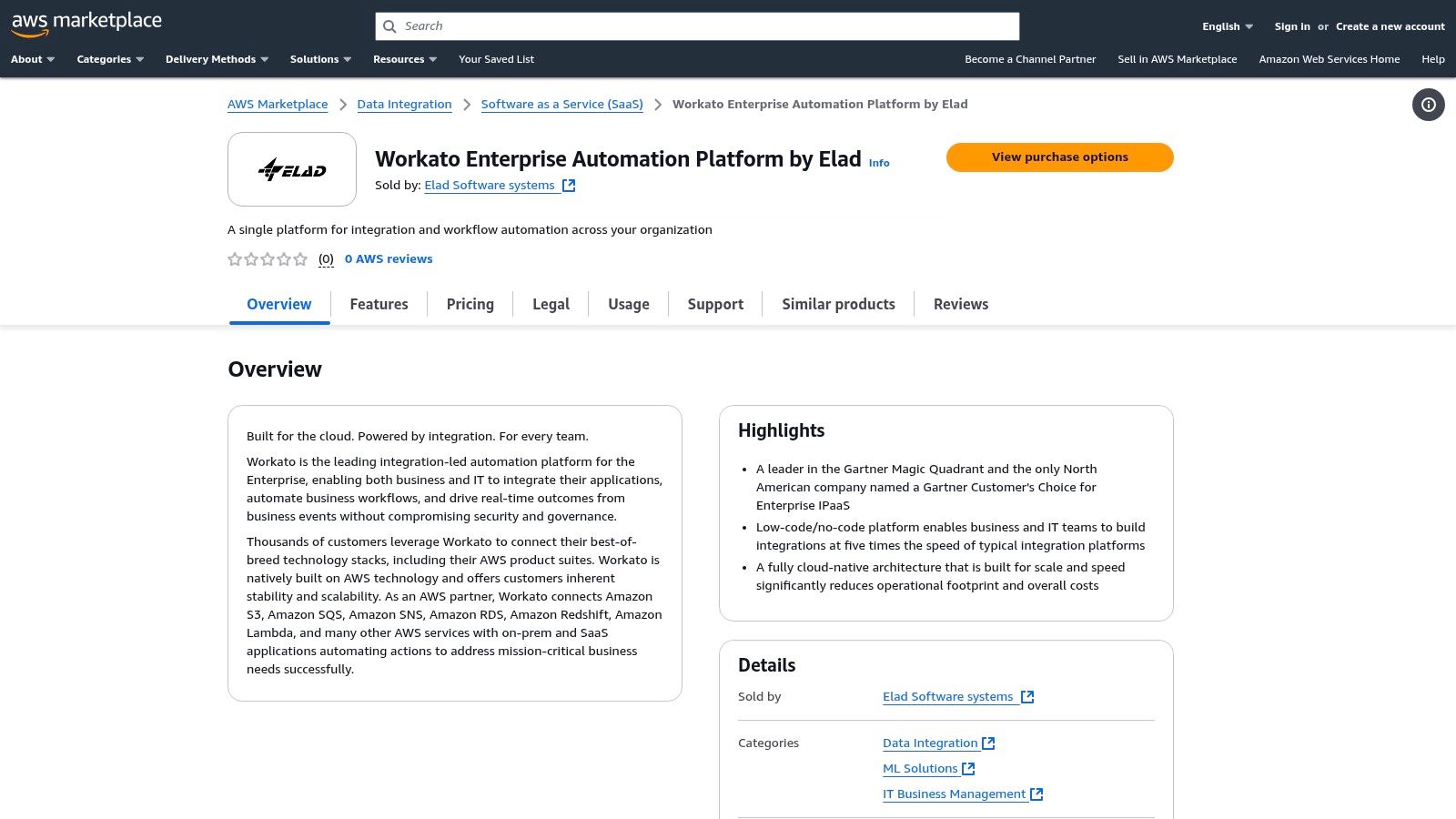 AWS Marketplace – Workato Enterprise Automation Platform (example listing)