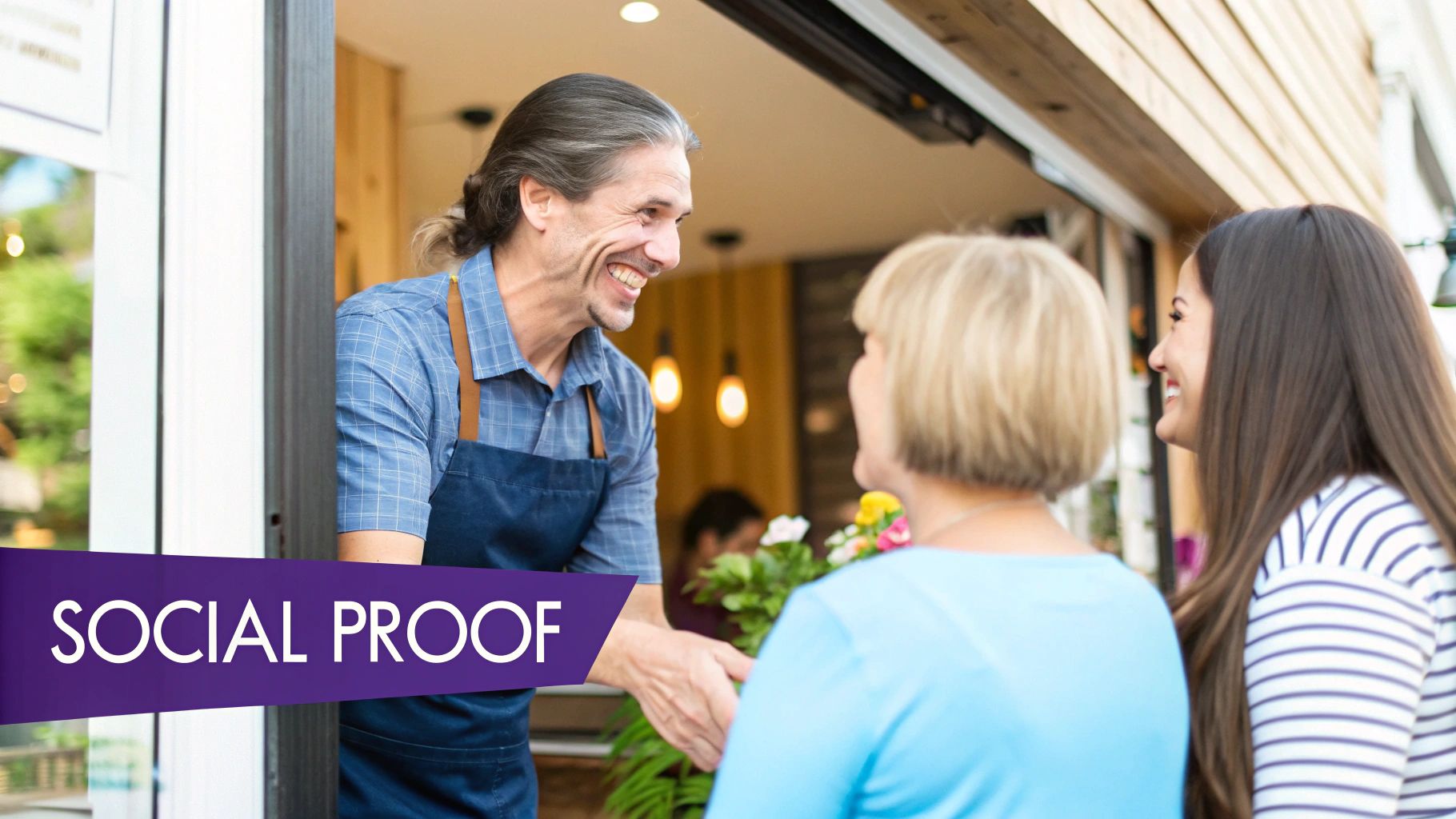 A person smiling while typing on a laptop, representing a happy customer writing a testimonial.
