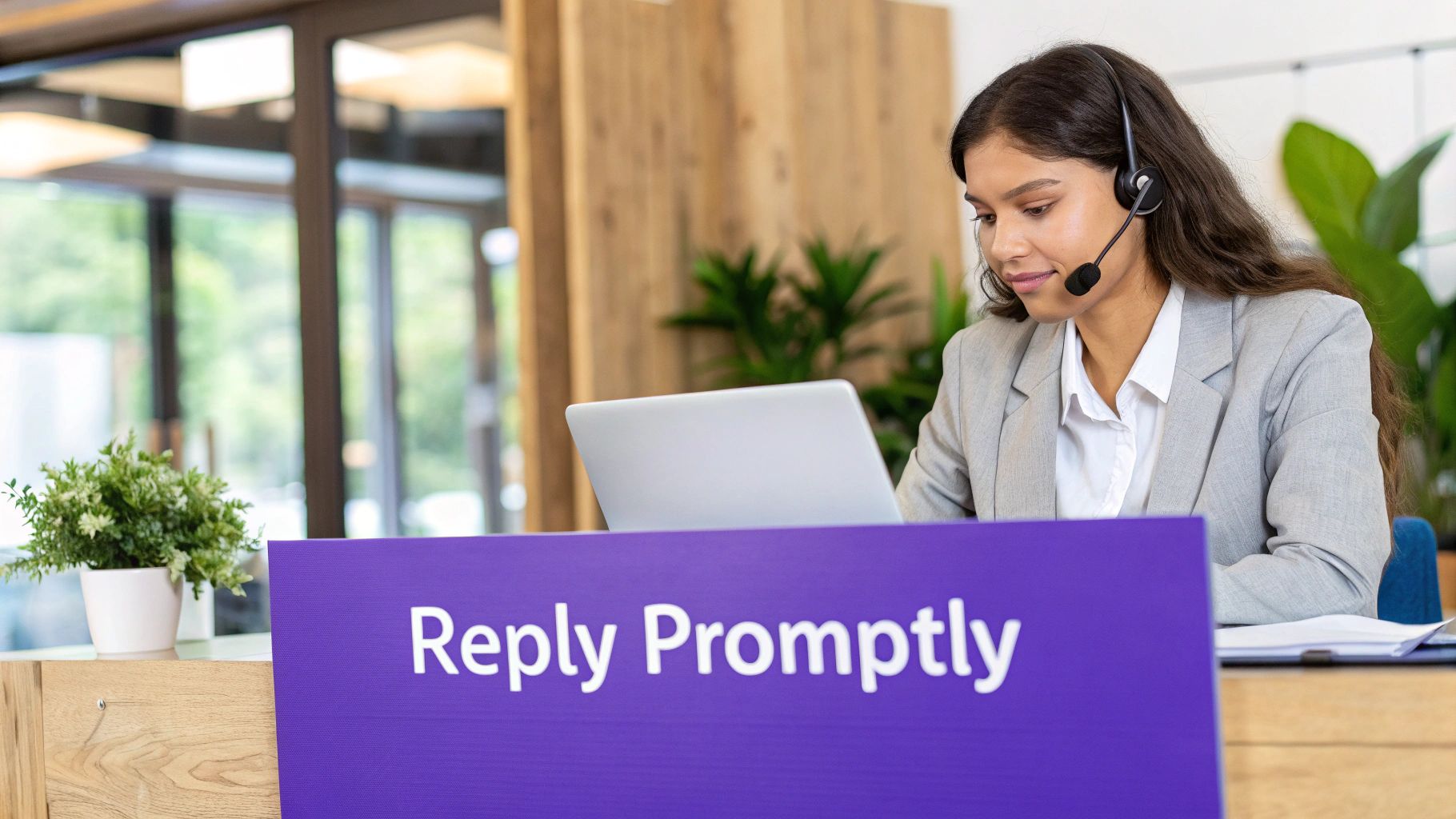 Smiling customer service representative typing a thoughtful response to a review