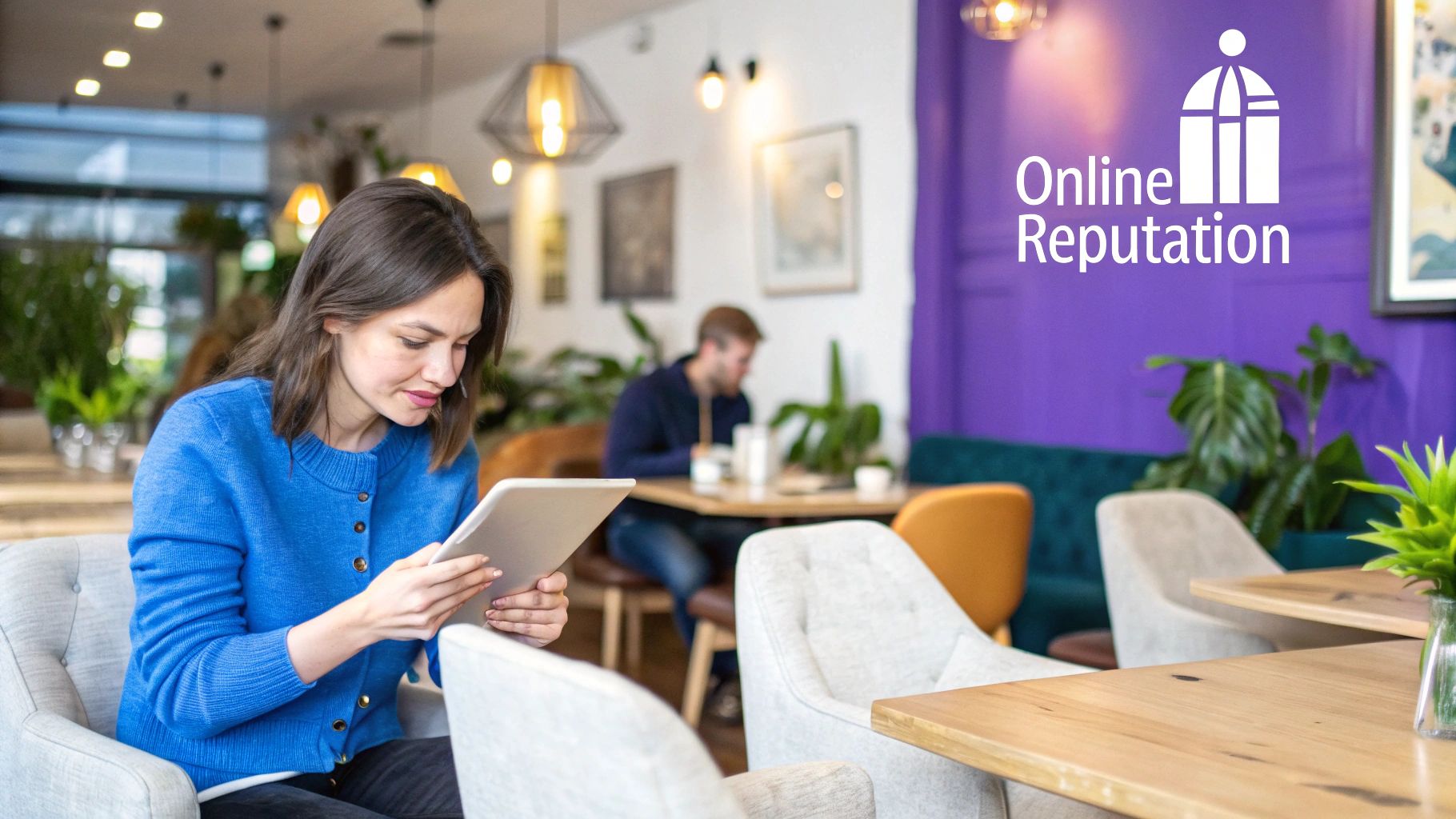 Woman managing online reviews on her laptop and phone in a cafe