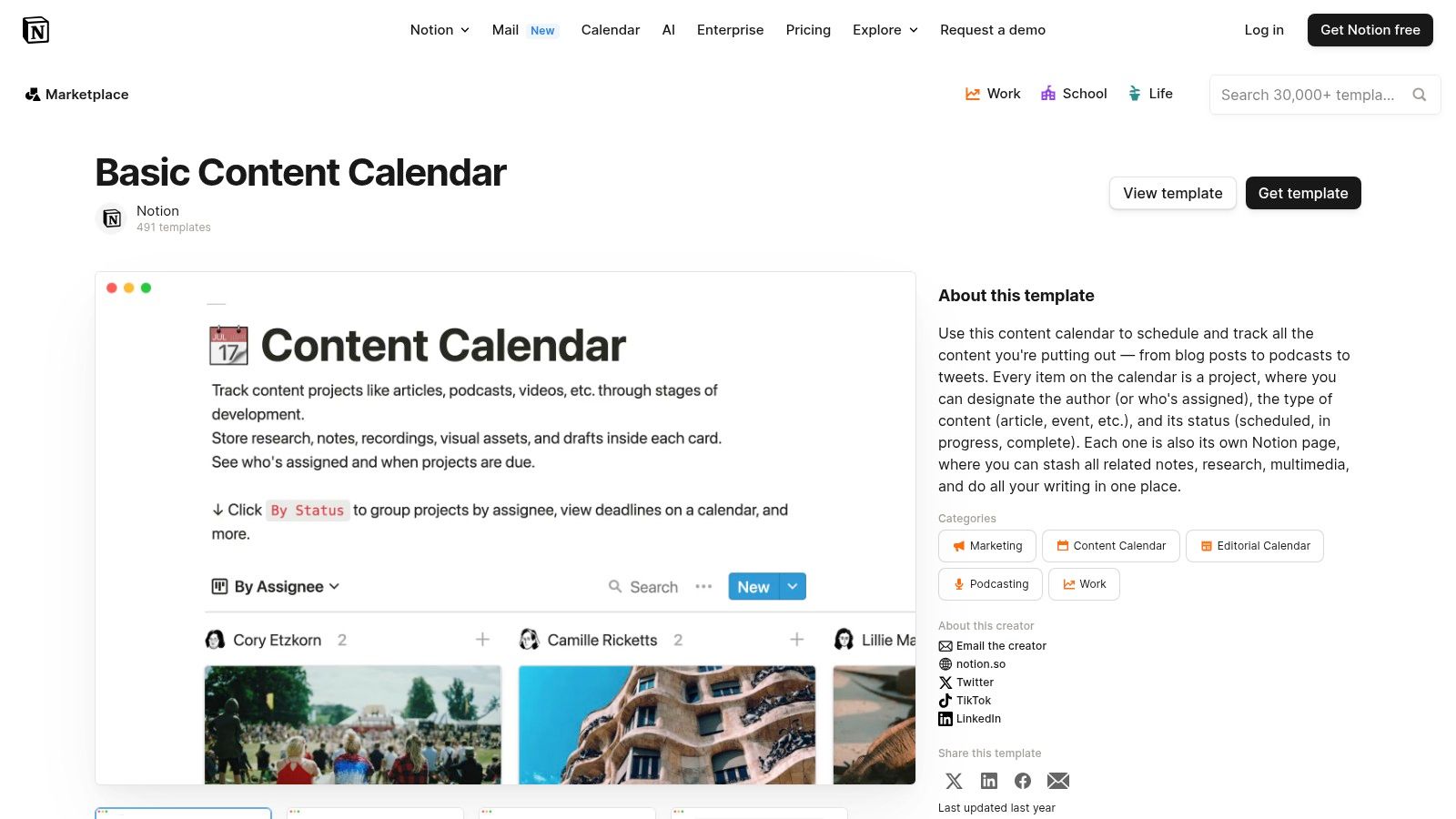 Notion's Content Calendar Template