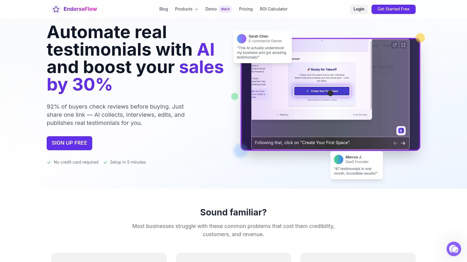 EndorseFlow dashboard showing testimonial collection and social media management features