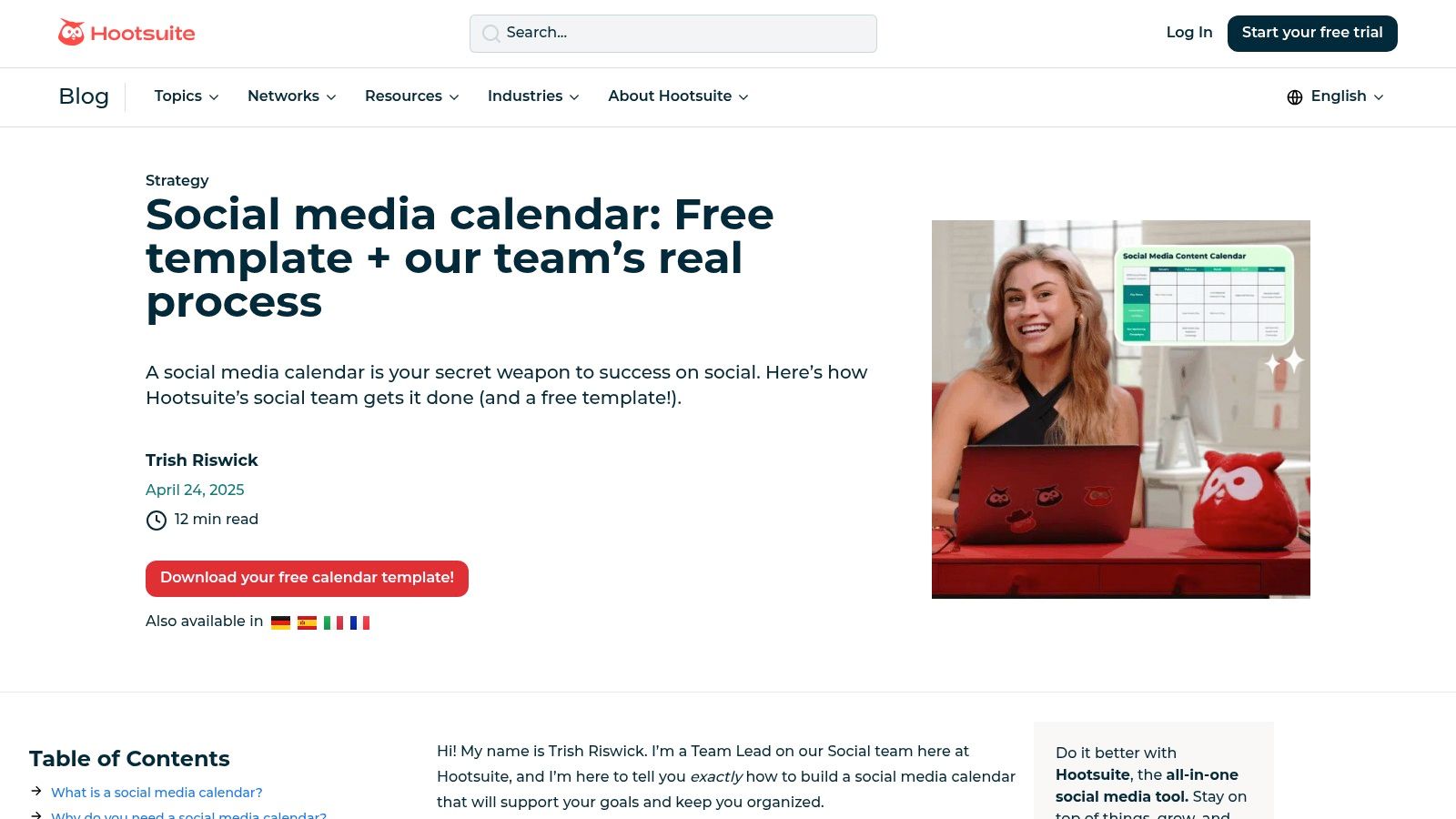 Hootsuite's Content Calendar Template
