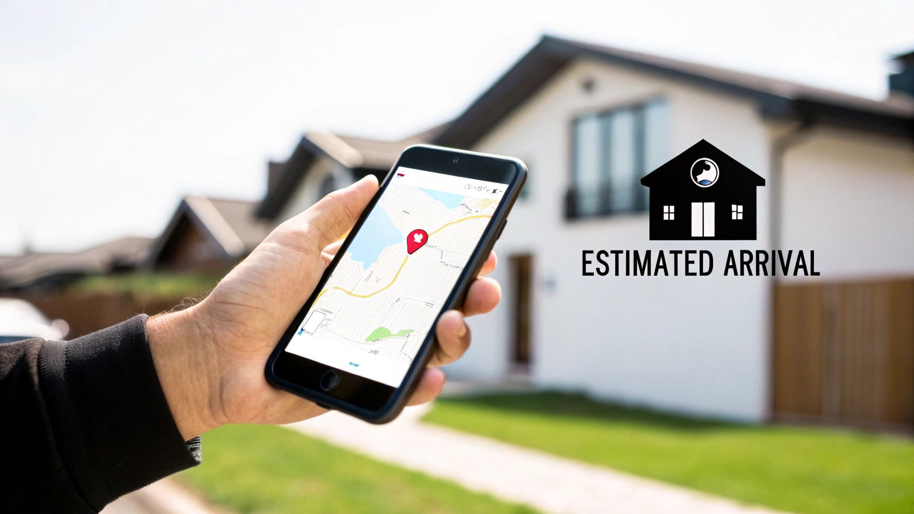 A hand holds a smartphone displaying a map with a red pin, indicating an estimated arrival at a house.