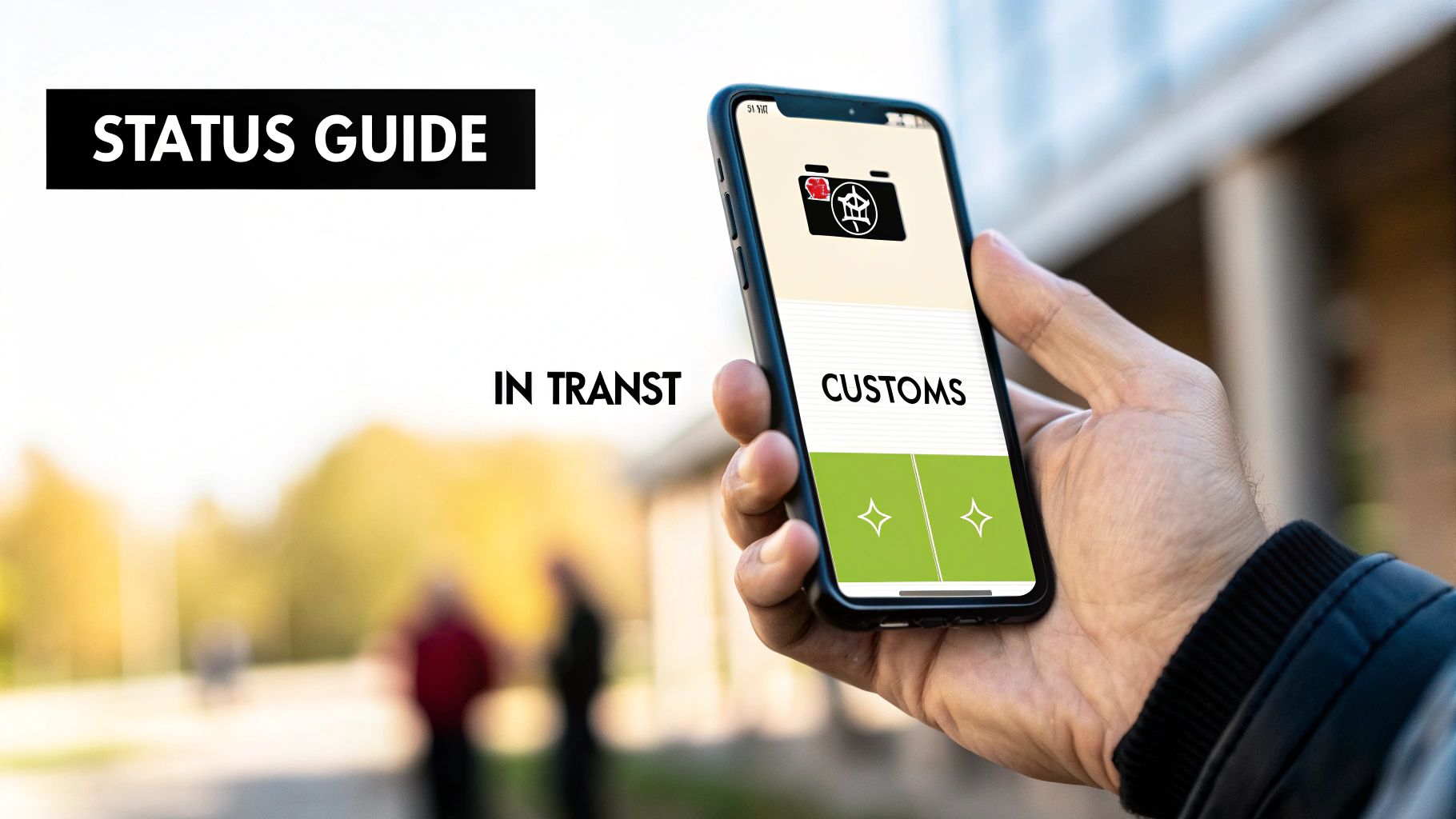 A hand holding a smartphone displaying 'IN TRANSIT' and 'CUSTOMS' on screen, with 'STATUS GUIDE' text.