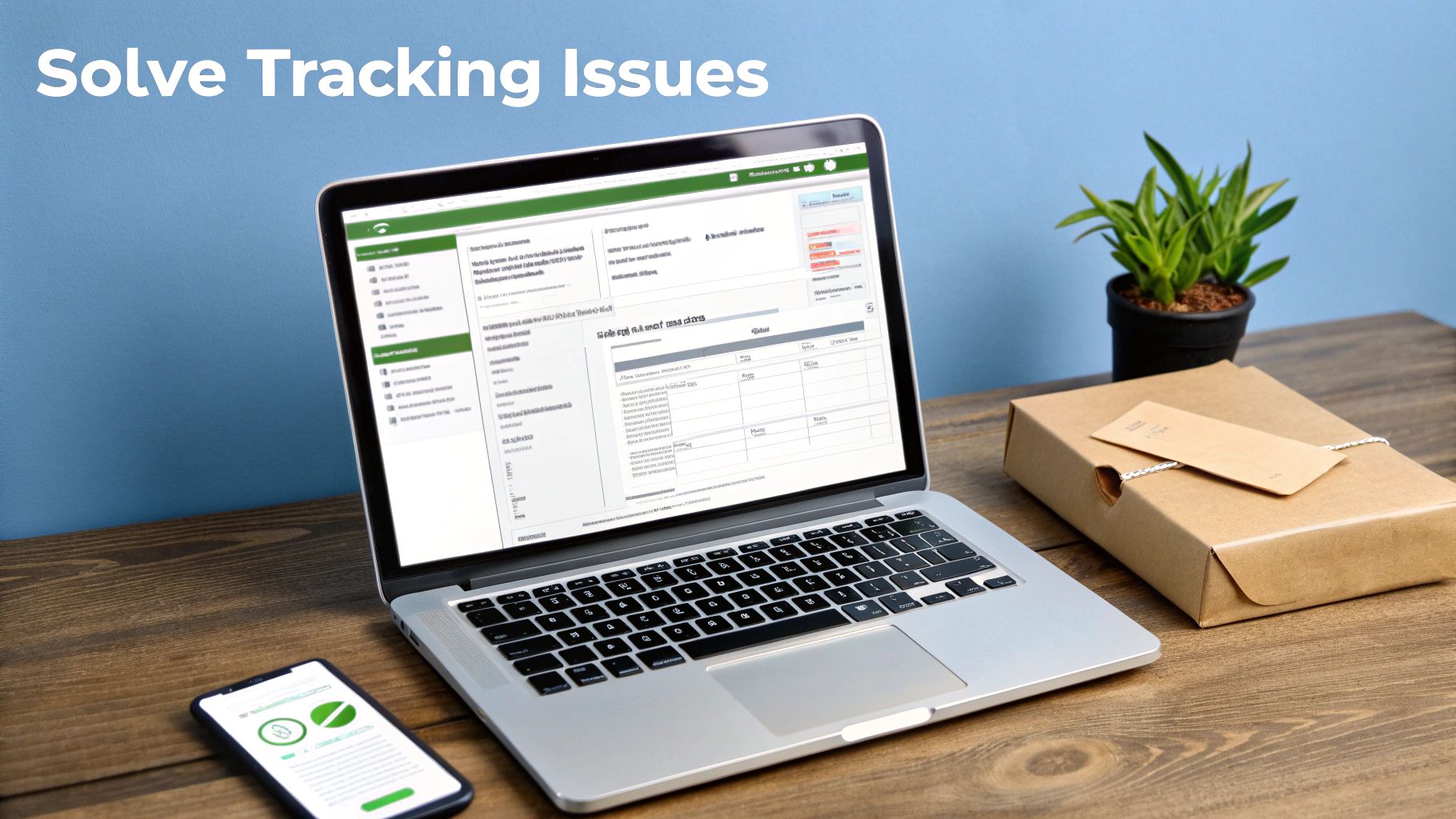 Laptop and smartphone showing tracking systems, next to a package on a wooden desk.