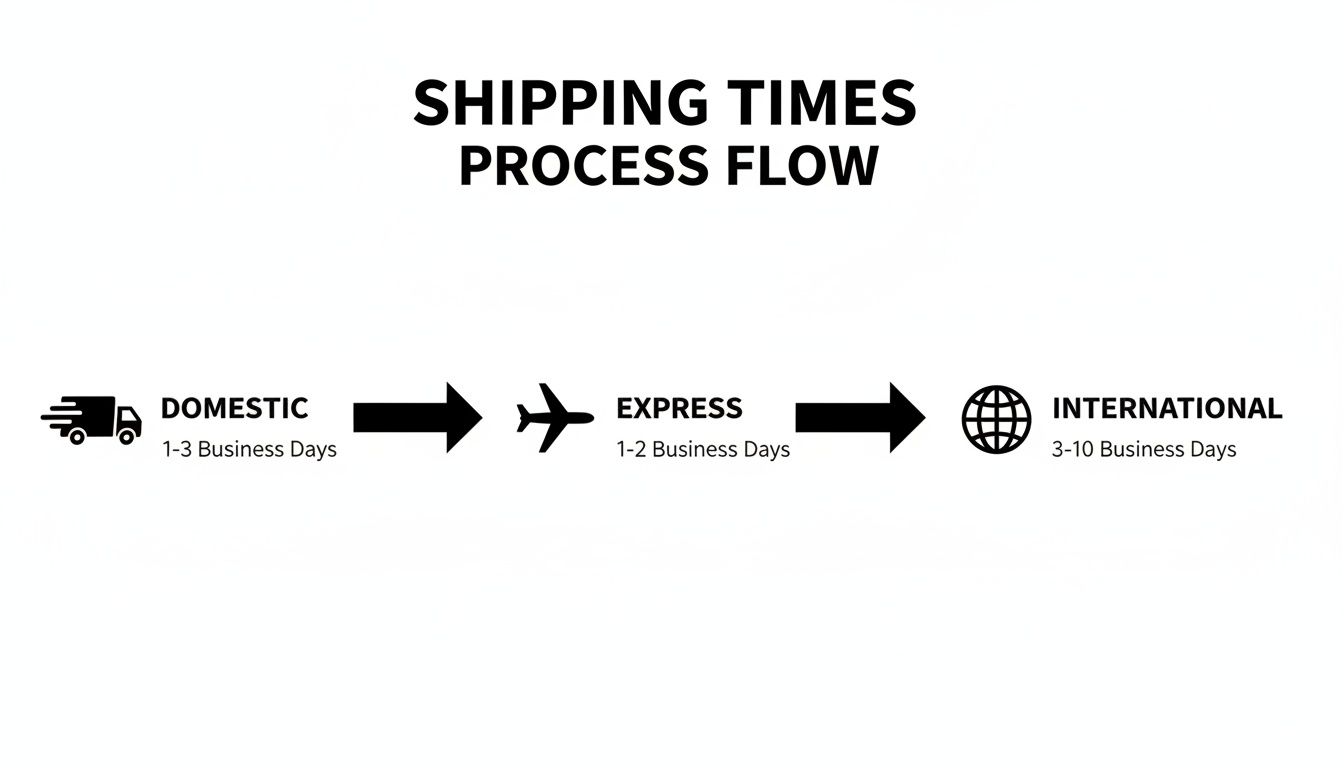 A shipping times process flow chart illustrating domestic, express, and international delivery with estimated business days.